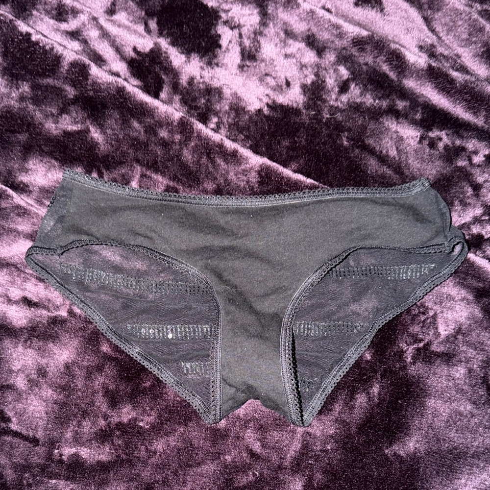 Victoria Sectmret Black Lace-Trim hip hugger panty with sheer back and sequins